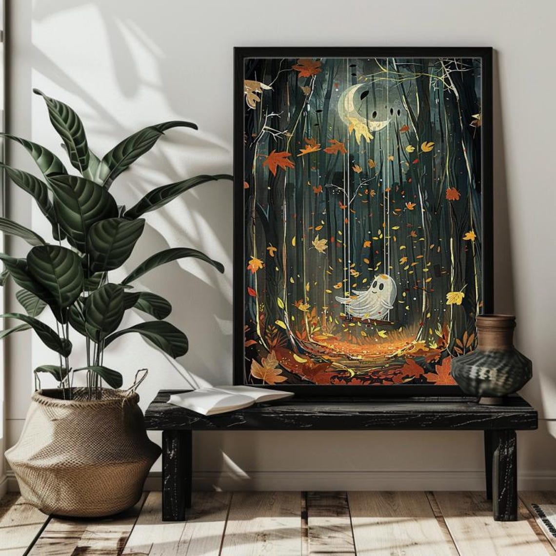 Cute Ghost On A Swing Moonlit Autumn Forest Whimsy Art Poster - Image 2