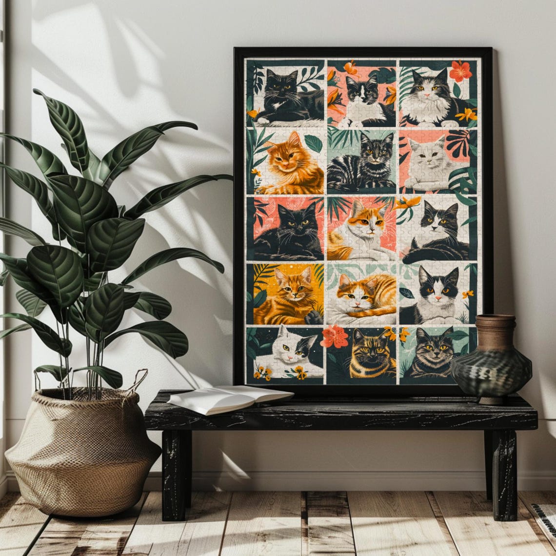 Folk Art Cat Portrait Collage Grid Fifteen Cats Faces Poster - Image 3