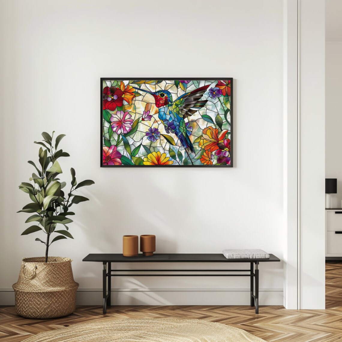 Stained Glass Hummingbird in Flowers Art Print - Image 3