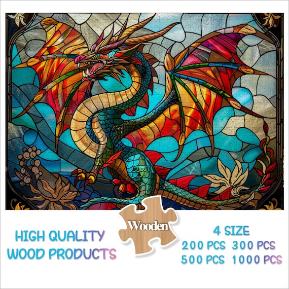 Fierce Red and Gold Dragon Soaring in Stained Glass Fantasy Poster