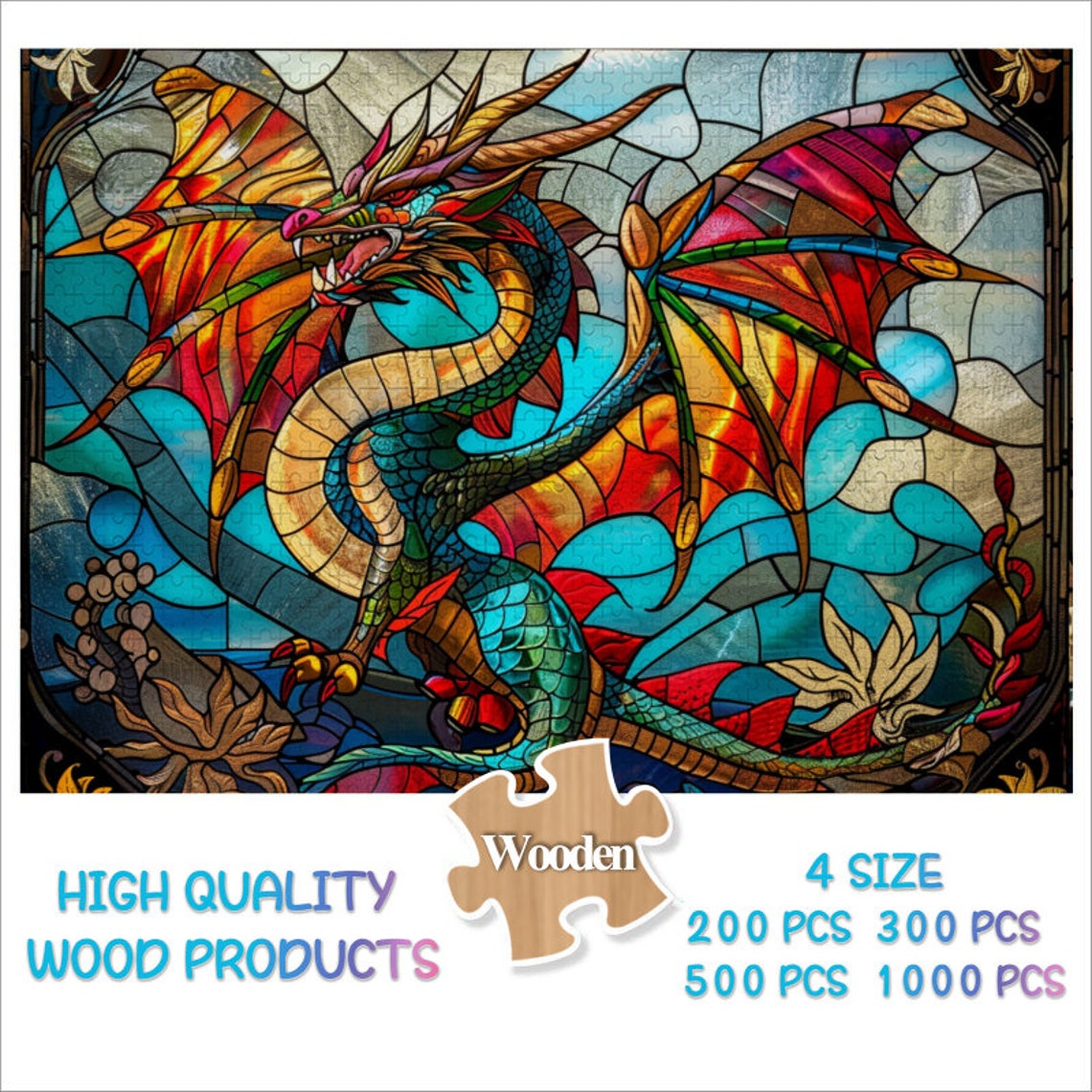 Stained Glass Dragon Jigsaw Puzzle300 500 1000 Piece Wood Dragon Photo Puzzles Art For Birthdayfamily Gift For Himkidsdragon Wall Decor