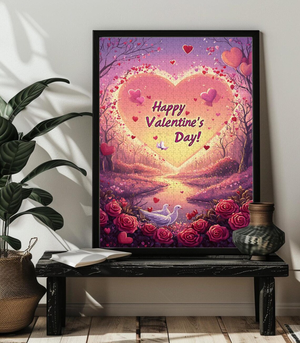 Happy Valentines Day Hearts Doves Roses Romantic Wish Poster - Image 4