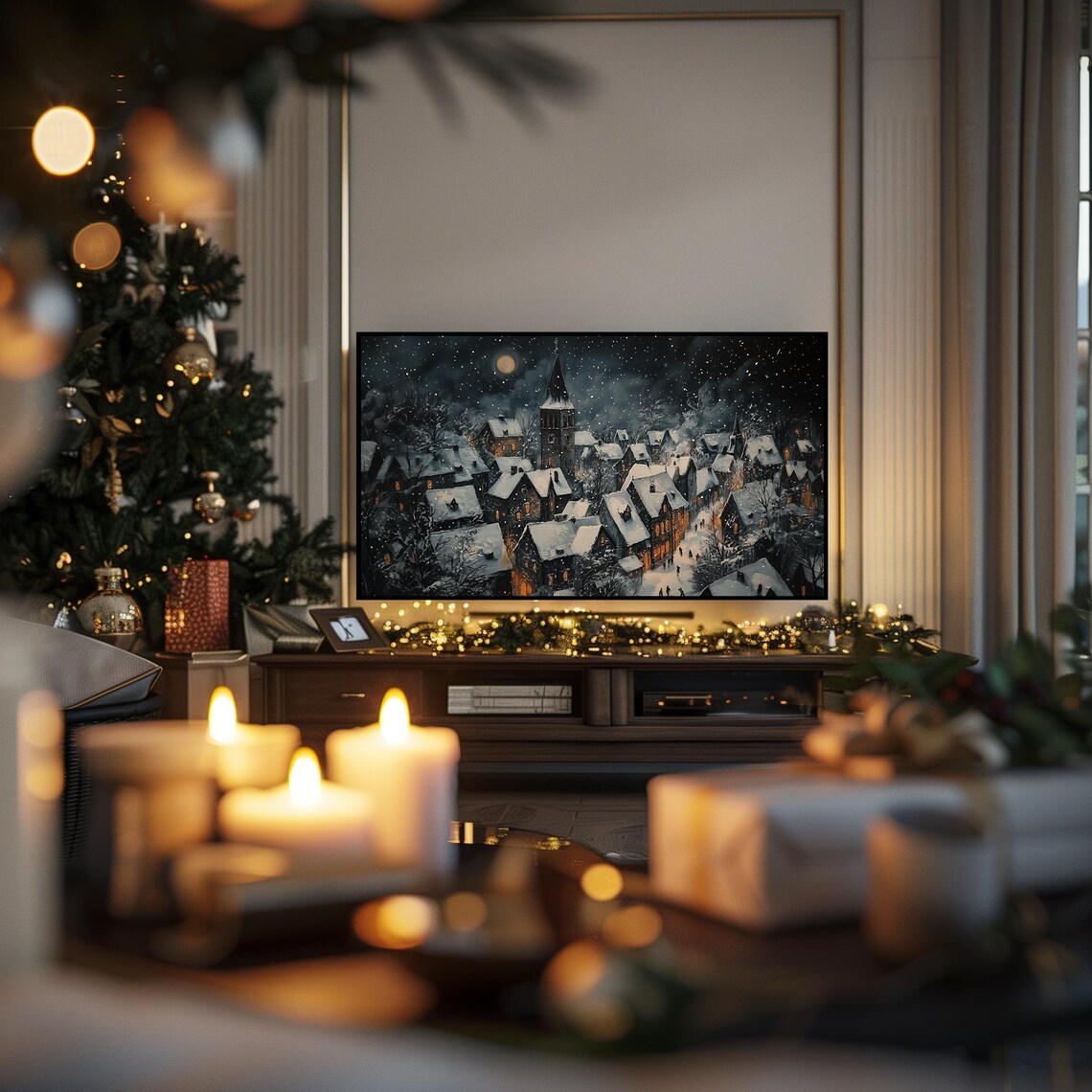 Snowy Village Night Church Tower Moonlit Winter Holiday Scene Poster - Image 4