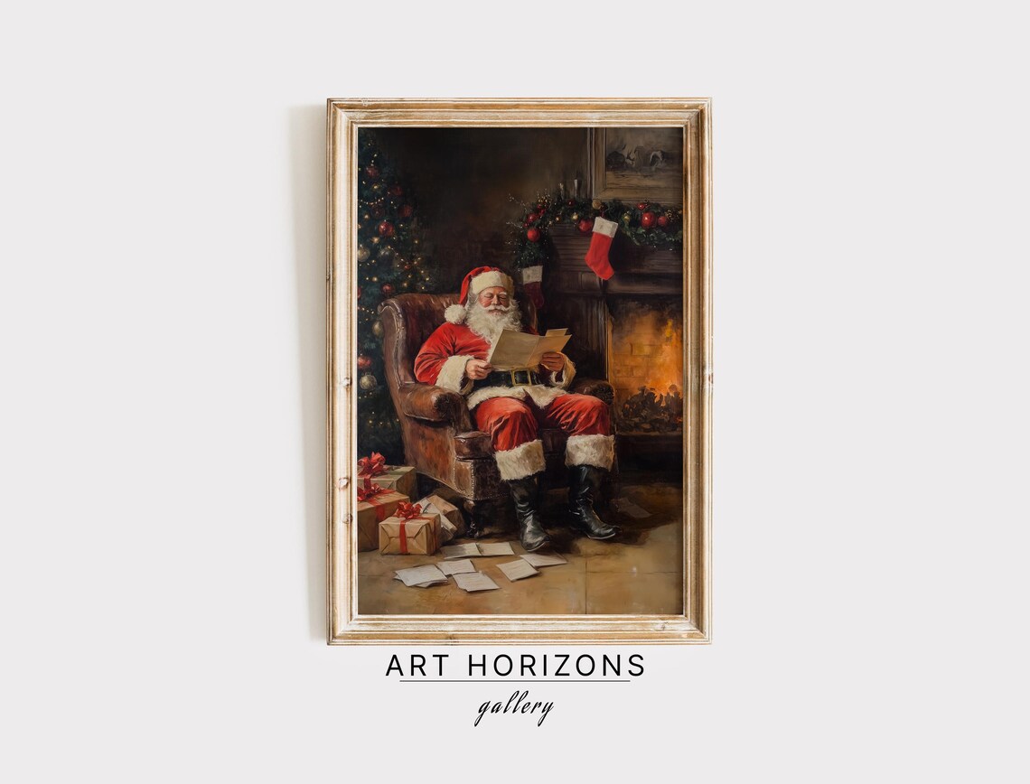 Santa Claus Reading Letters by Cozy Fireplace Christmas Art Print