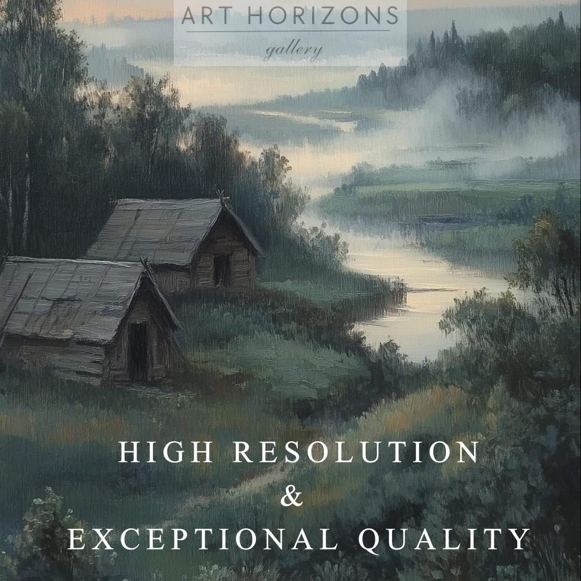 Rustic Cabins Misty River Dawn Vintage Countryside Landscape Poster - Image 2