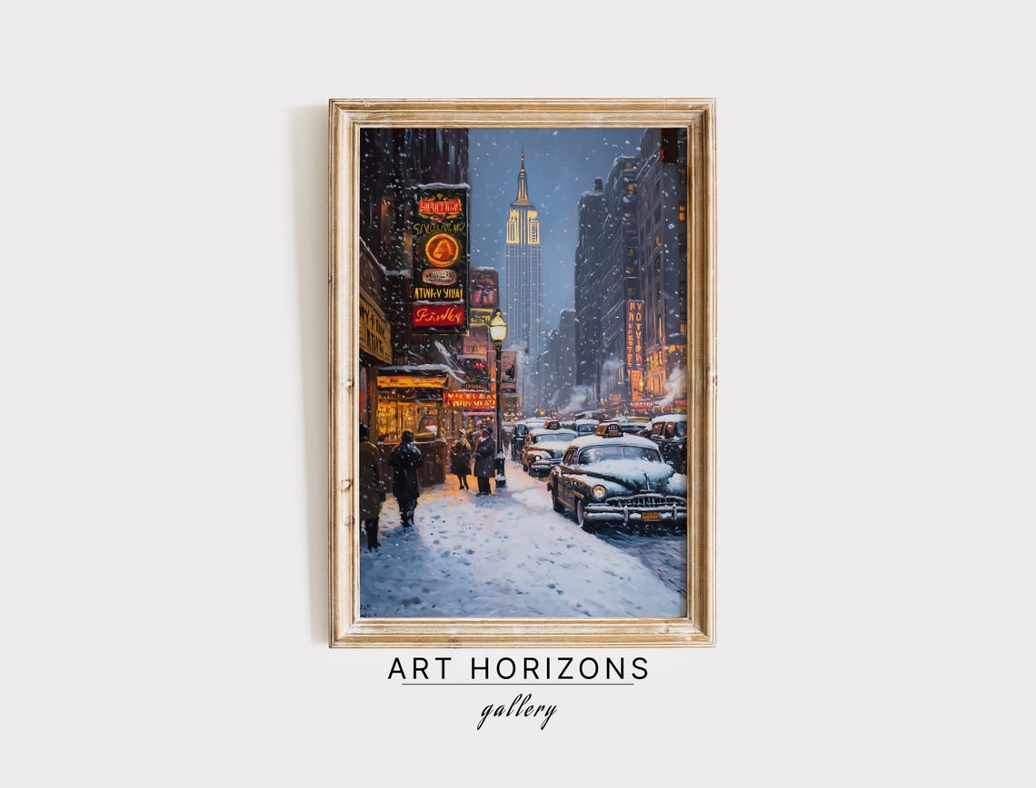 Vintage Christmas New York Street Wall Art Snowy City Street Painting Christmas Village Art Christmas Decor Winter Art A75