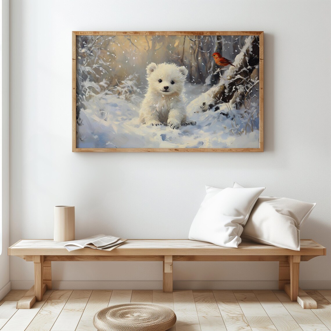 Polar Bear Cub Red Cardinal Snowy Forest Cute Vintage Wildlife Poster - Image 3