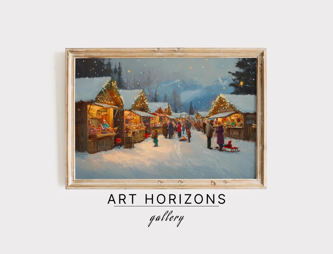 Snowy Christmas Market Wooden Stalls Evening Mountains Poster
