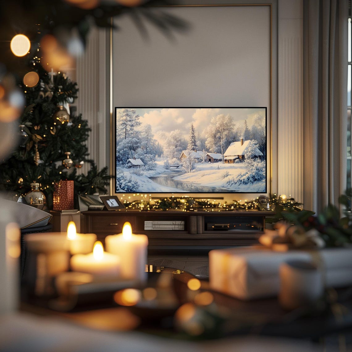 Frame Tv Art Winter Village Vintage Farmhouse Christmas Oil Painting Holiday Home Decor Landscape View Tv81 - Image 2