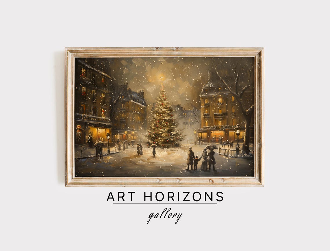 Vintage Christmas Wall Art French Town 19th City Art Landscape Painting Christmas Village Art Christmas Decor Winter Art A68