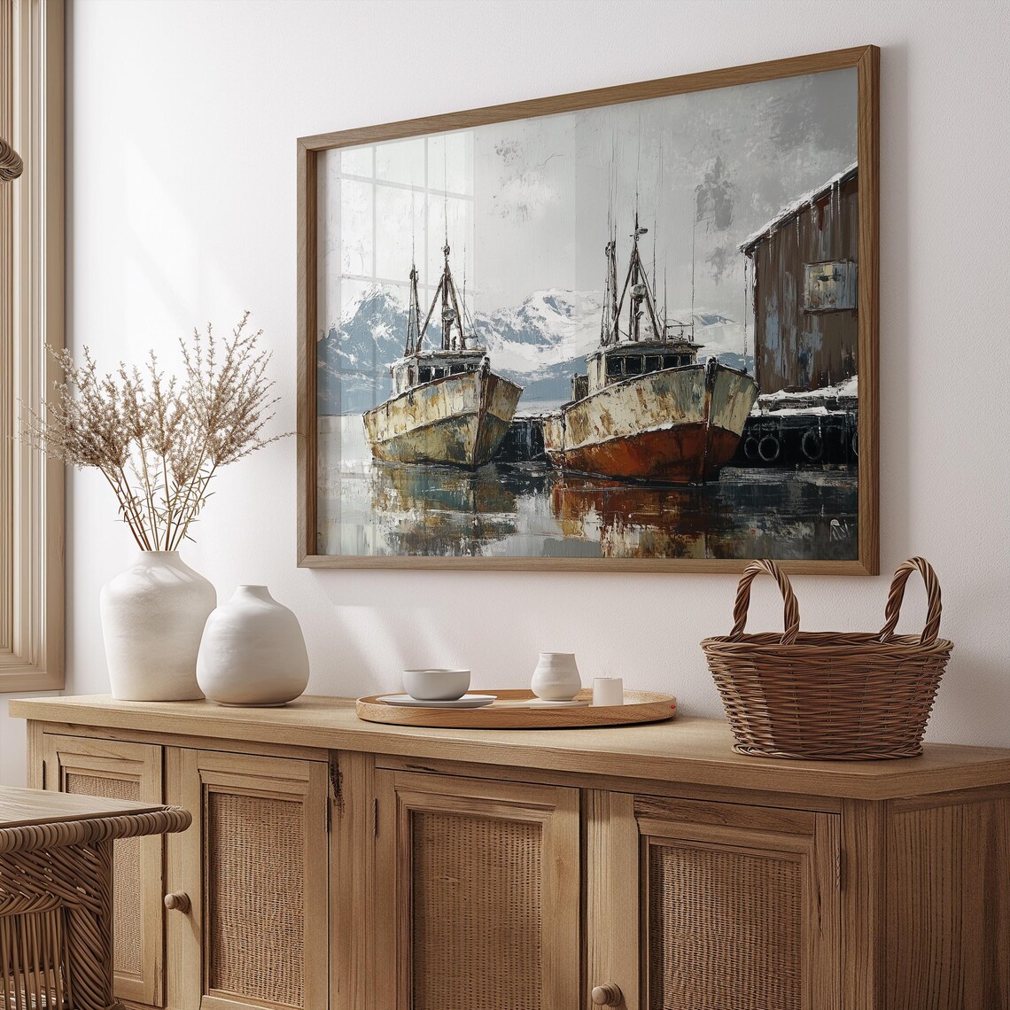 Weathered Fishing Boats At Harbor With Snowy Mountains Art Poster - Image 4