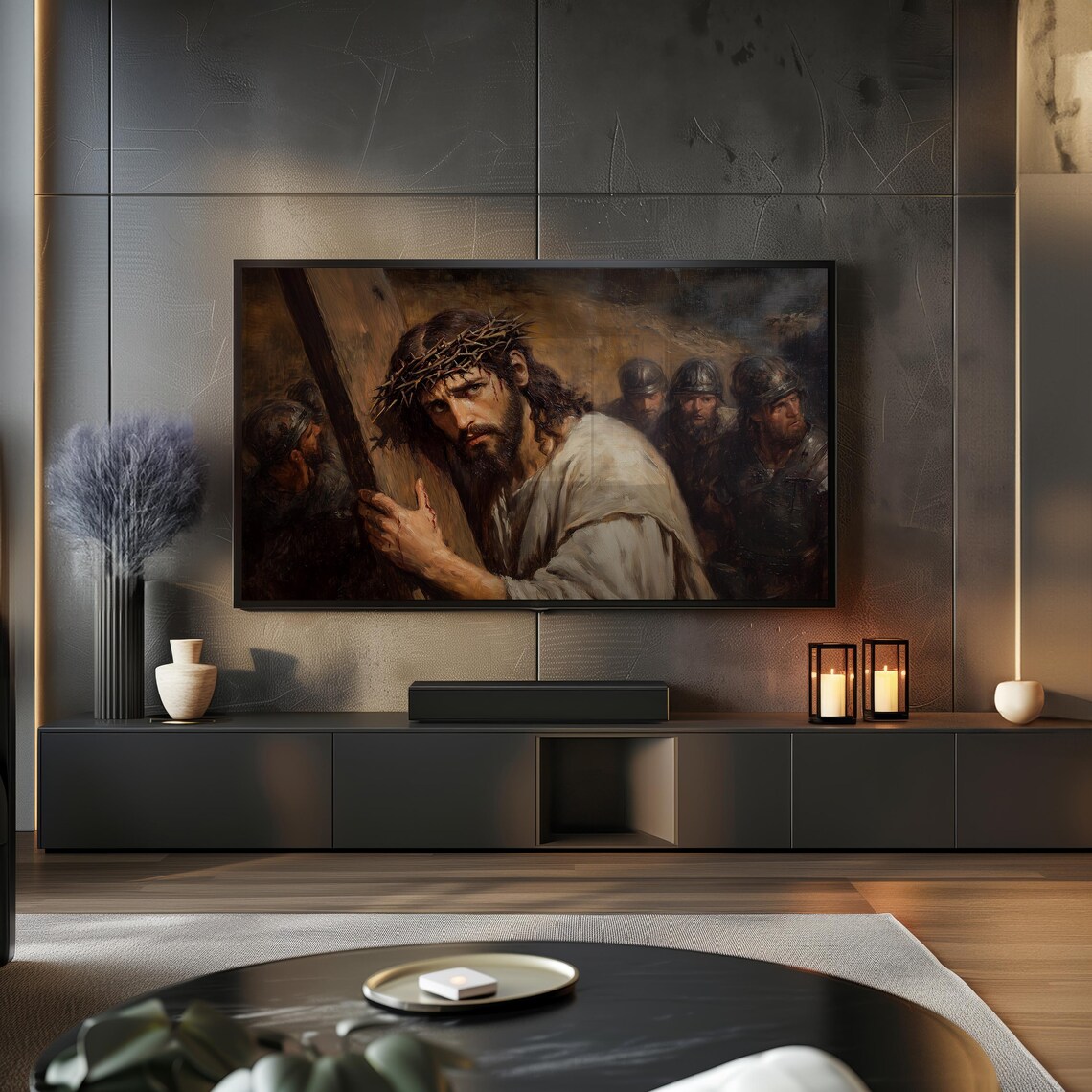 Jesus Carrying The Cross Crown Of Thorns Dramatic Biblical Oil Painting Poster - Image 2