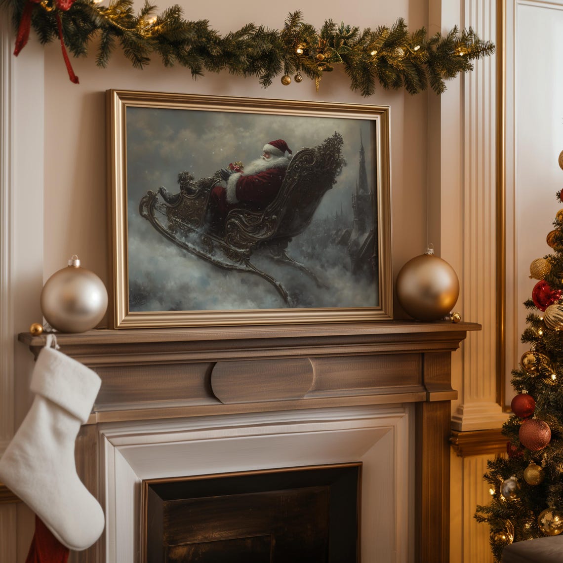 Christmas Vintage Santa Wall Art Winter Oil Painting Santa Claus Art Farmhouse Christmas Print Sleigh Art Art A92 - Image 4