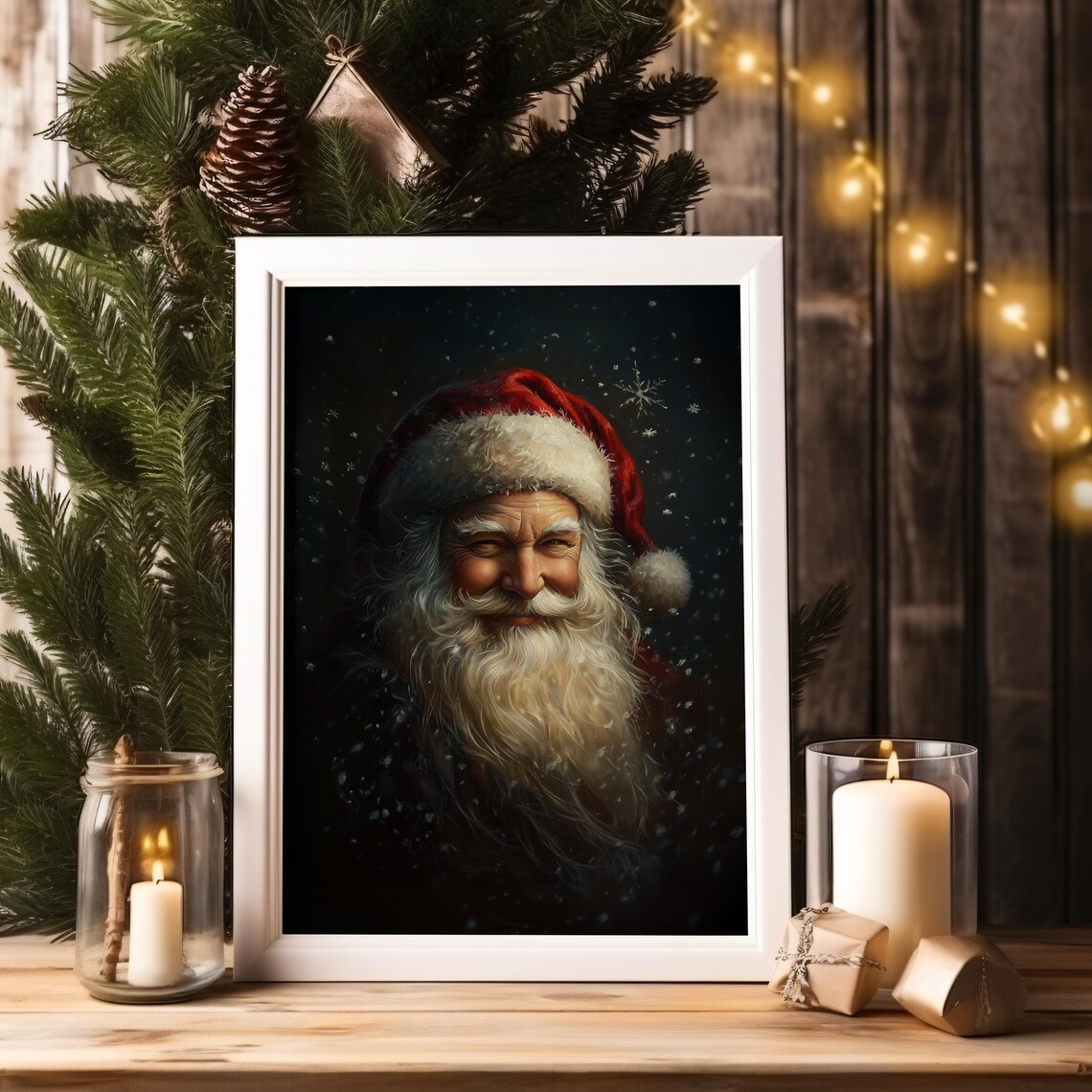 Winking Santa Claus Portrait Moody Dark Night Snowflakes Print - Image 2