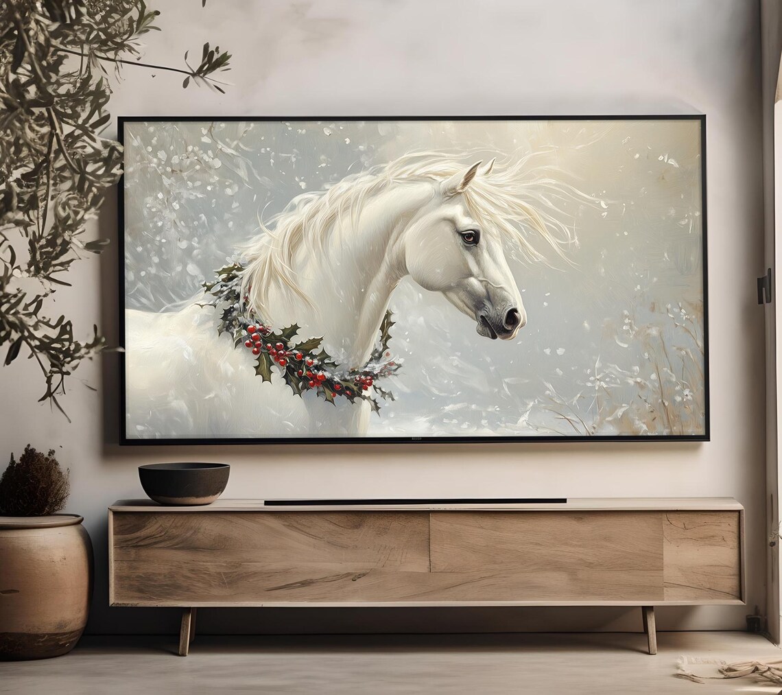 White Horse Holly Berry Garland Snowy Background Christmas Art Poster - Image 4