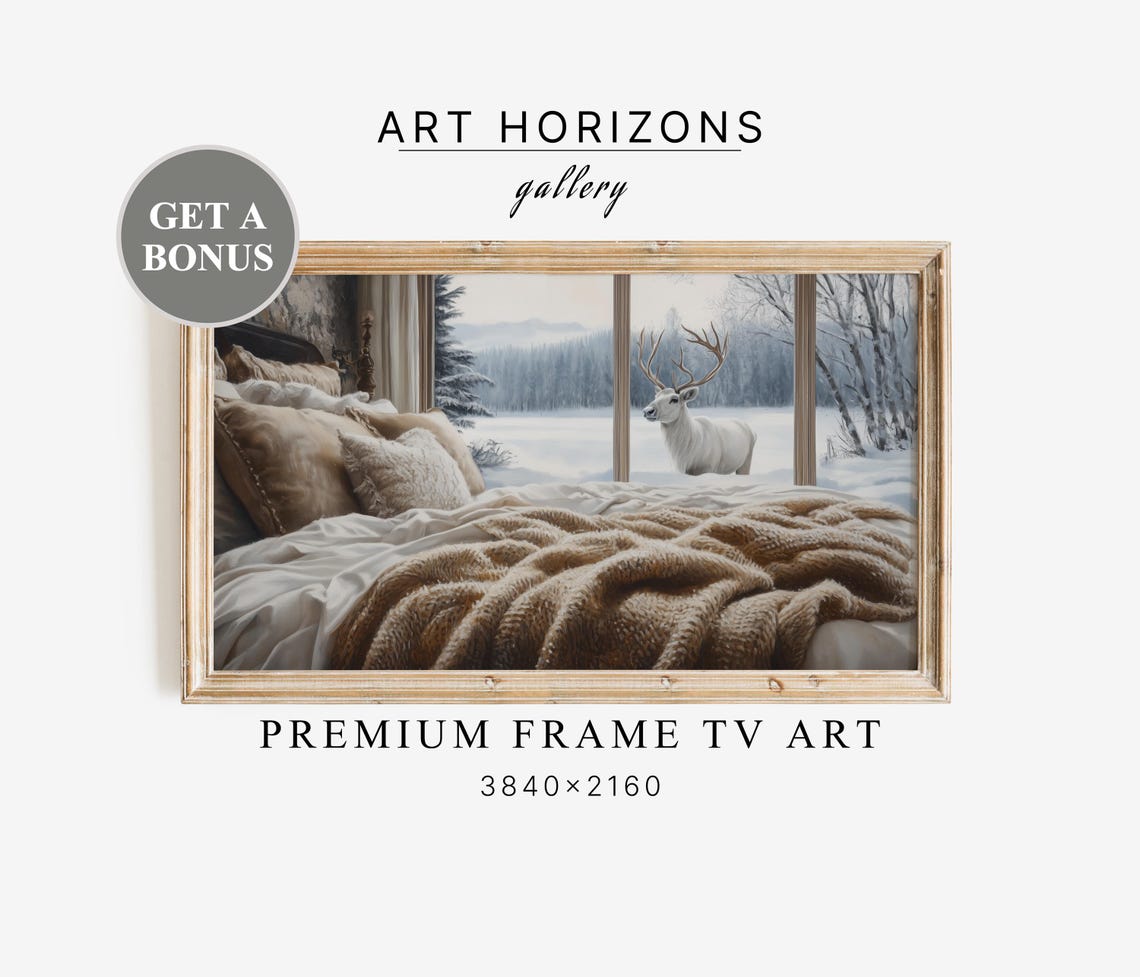Cozy Bedroom White Deer Snowy Window View Holiday Frame TV Print