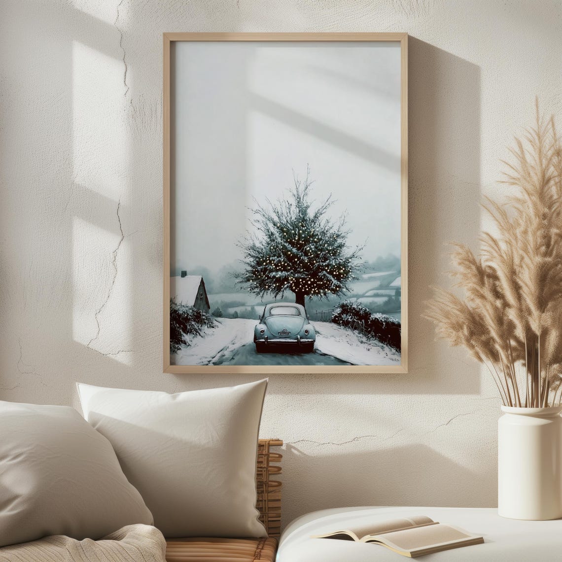 Vintage Blue Beetle Car Snowy Road Winter Tree Minimalist Print - Image 2
