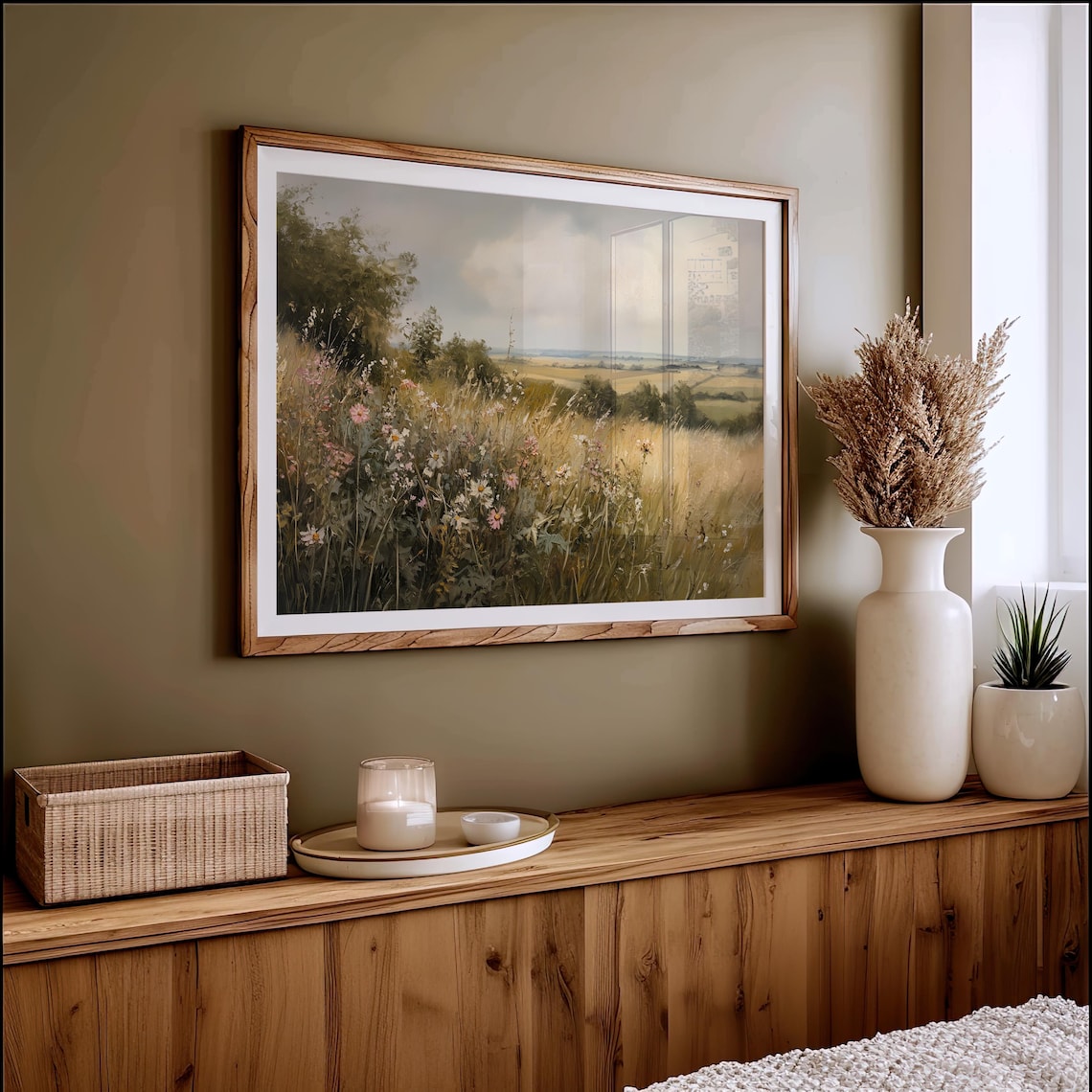 Vintage Wildflower Field Landscape Art Print - Image 3