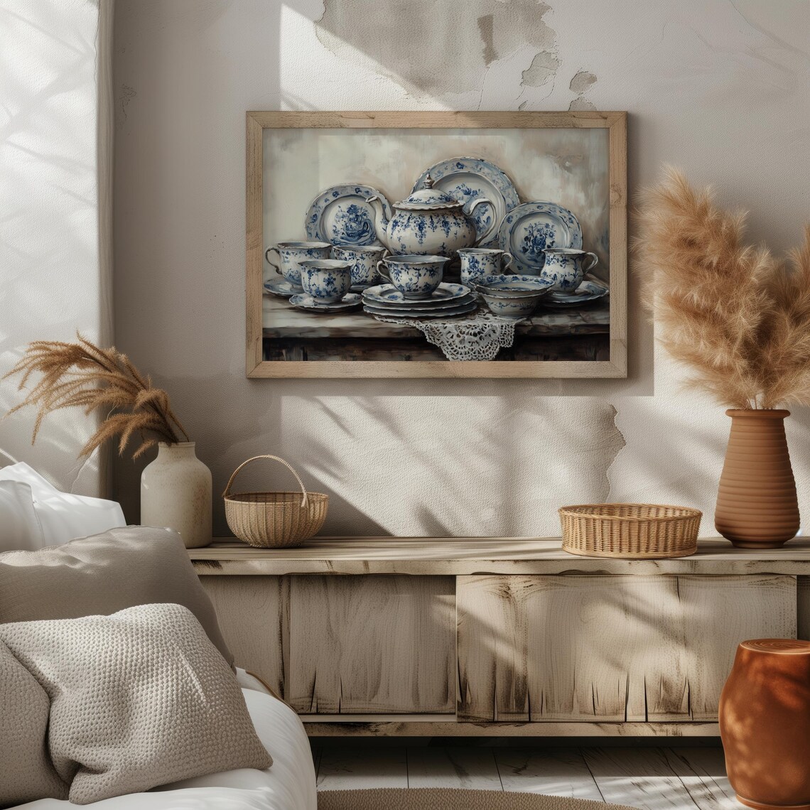 Rustic Teapot Vintage Art Print, Blue Chinoiserie - Image 4