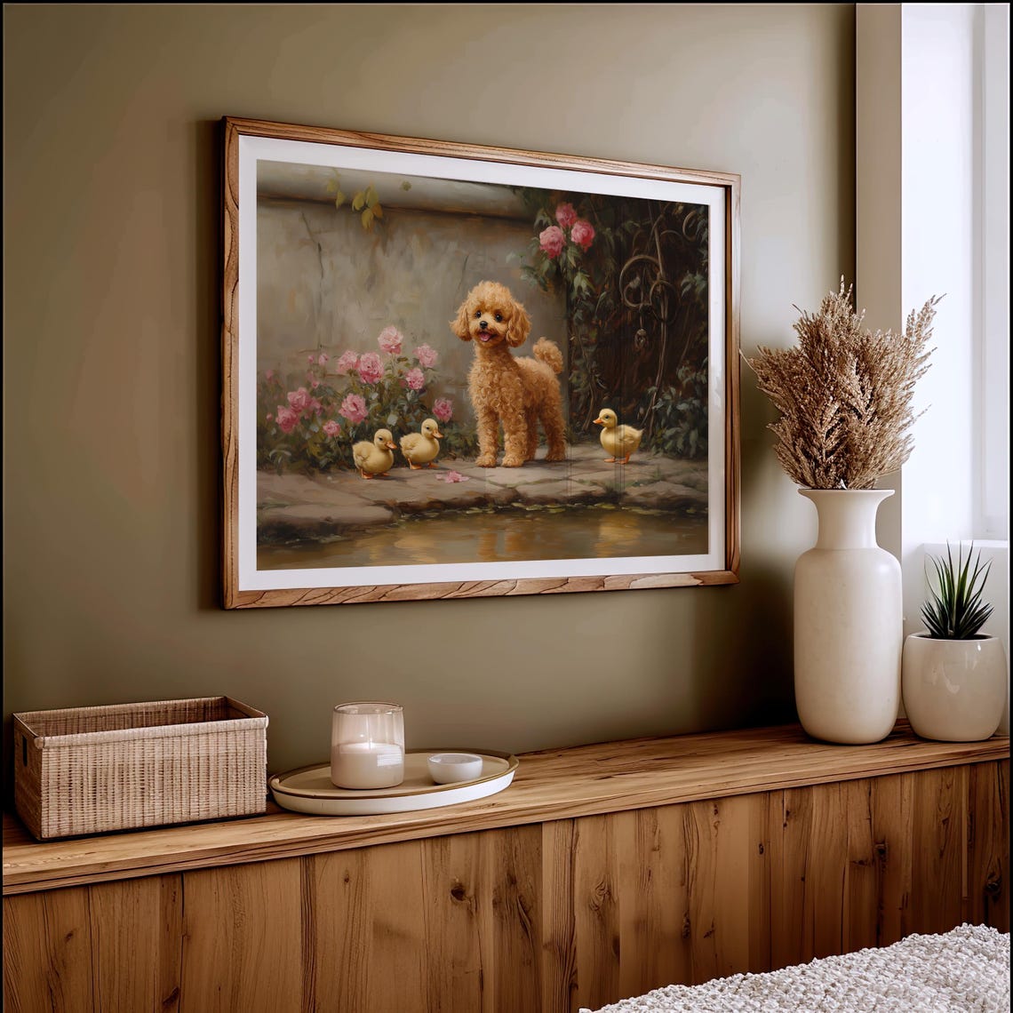 Apricot Poodle Puppy With Ducklings By A Pond Garden Painting Poster - Image 2
