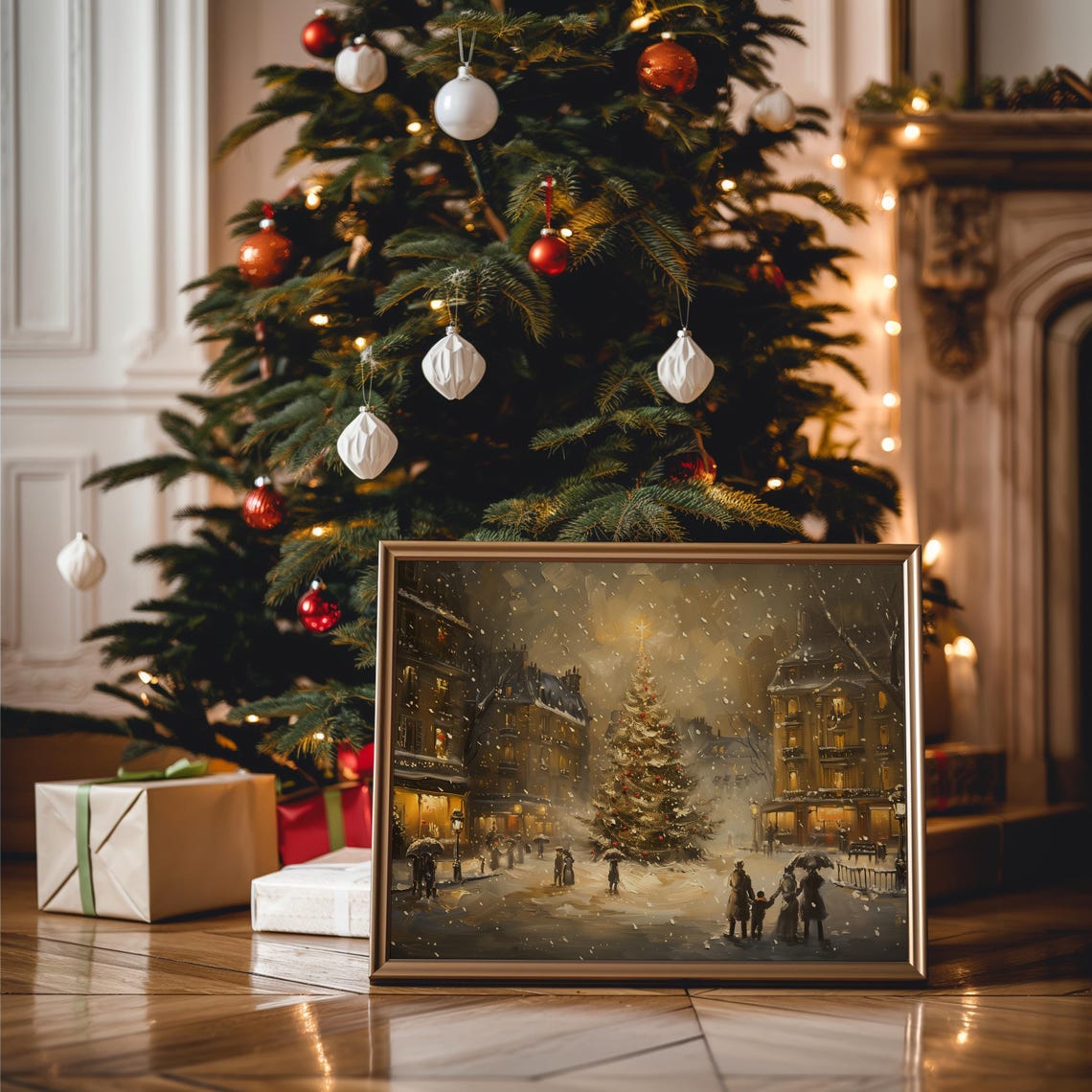 Vintage Christmas Wall Art French Town 19th City Art Landscape Painting Christmas Village Art Christmas Decor Winter Art A68 - Image 3