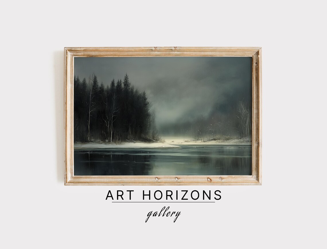 Dark Moody Winter Lake Pine Forest Dusk Vintage Atmospheric Art Poster