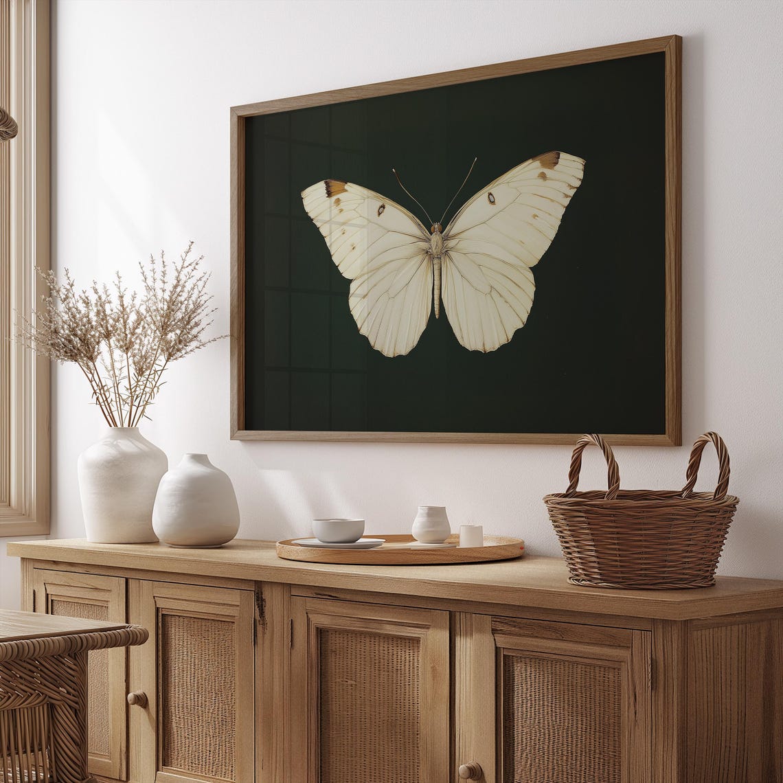 White Butterfly Dark Green Moody Background Antique Insect Wall Poster - Image 4
