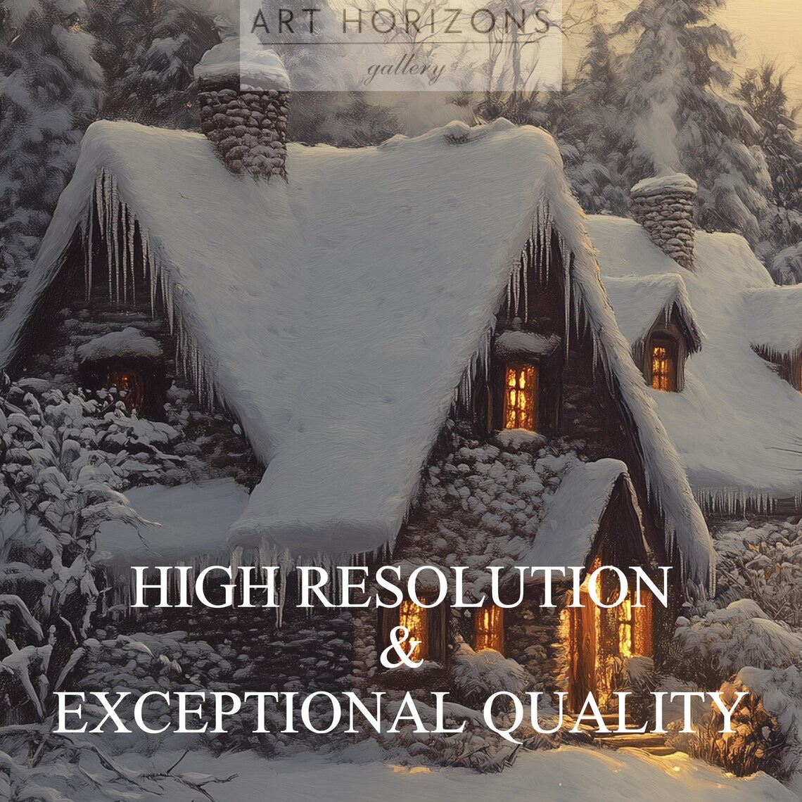 Snowy Village Cottages With Lit Windows At Dusk Christmas Art Poster - Image 3