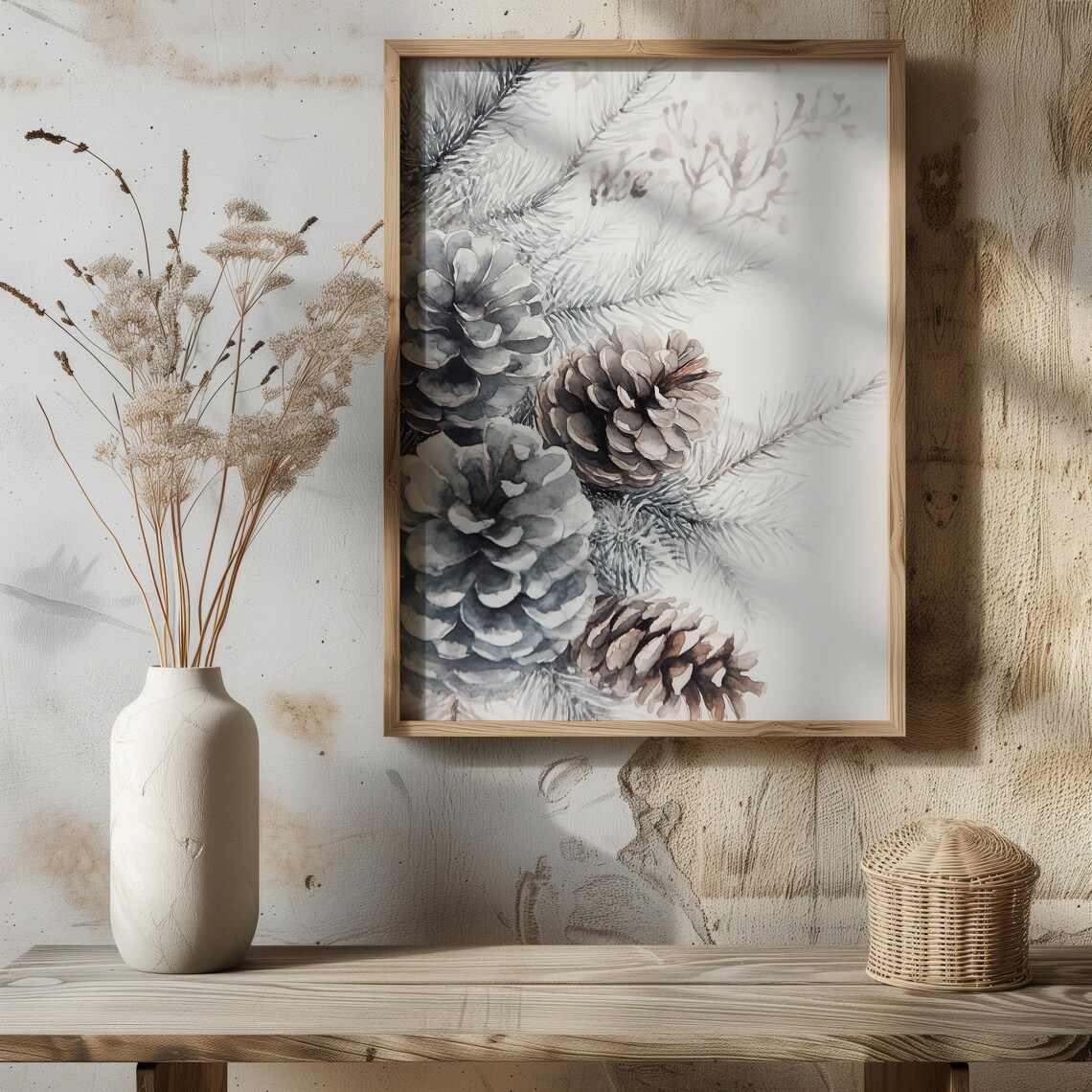 Snowy Pine Cones Evergreen Branches Blue Gray Watercolor Print - Image 4
