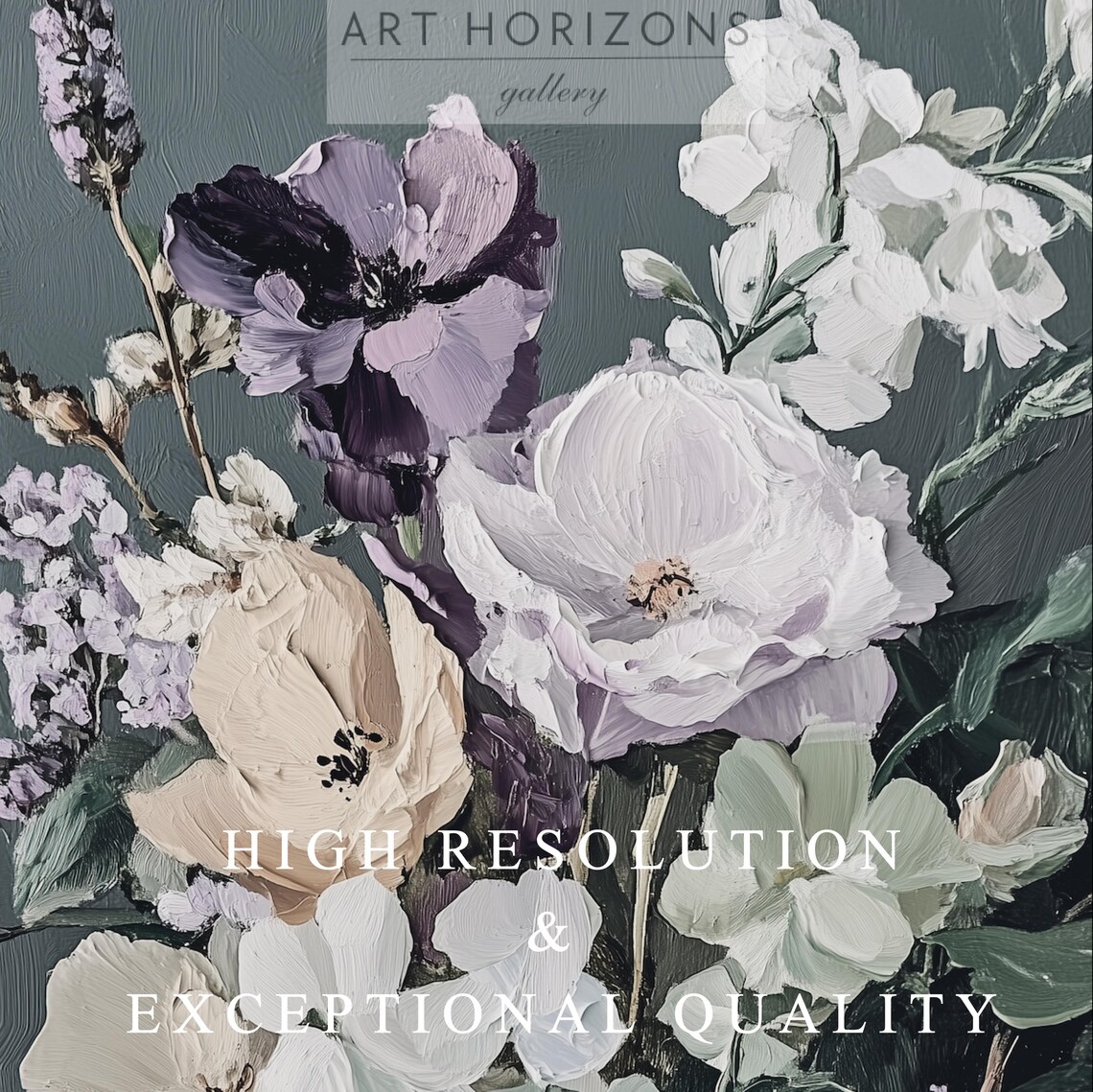 Floral Bouquet Oil Painting White Purple Blooms Dark Moody Wall Art - Image 2