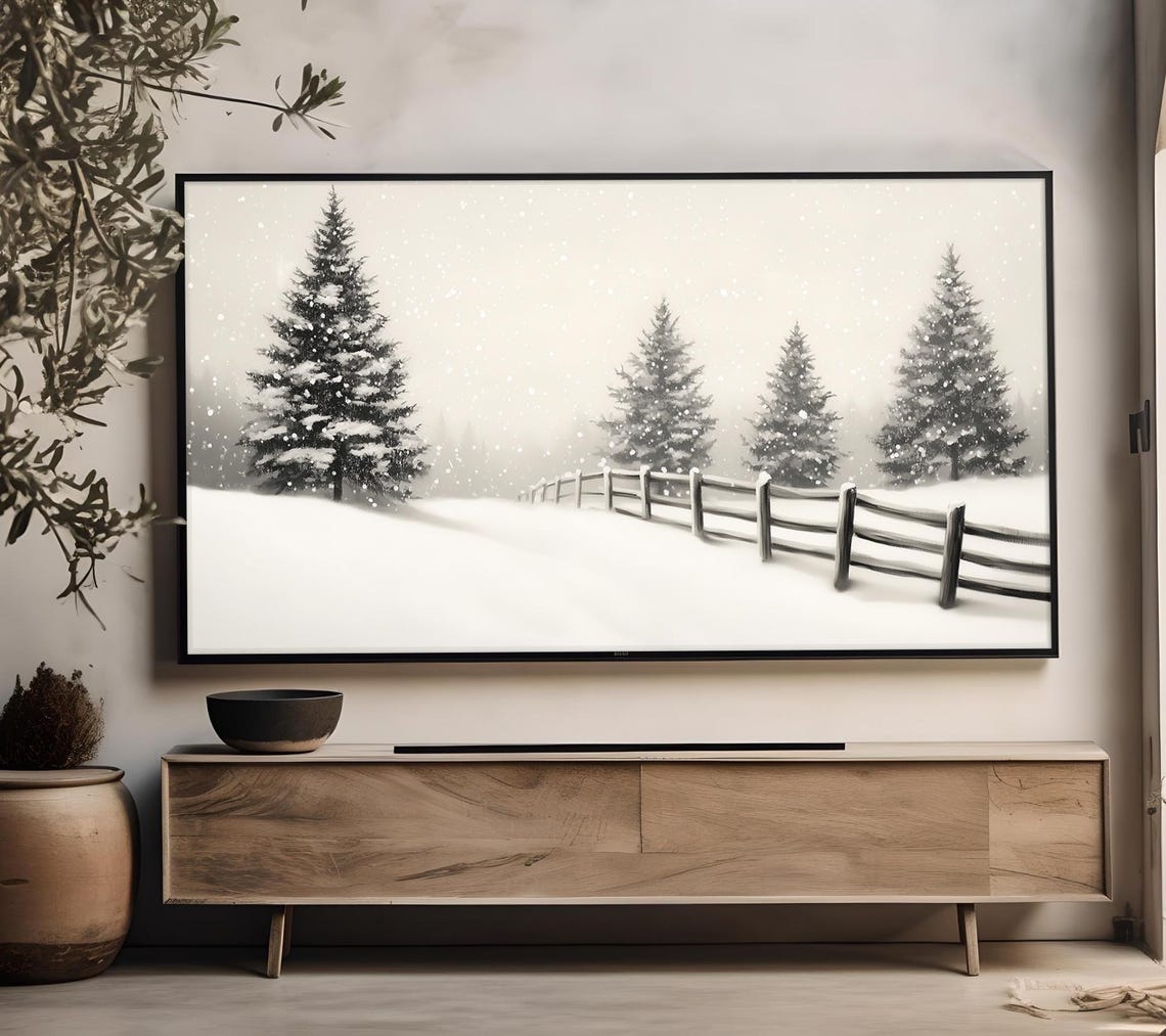 Vintage Pine Trees Frame Tv Art Antique Christmas Oil Painting Winter Forest Scene Snowy Landscape Holiday Tv Art Decor Tv66 - Image 2
