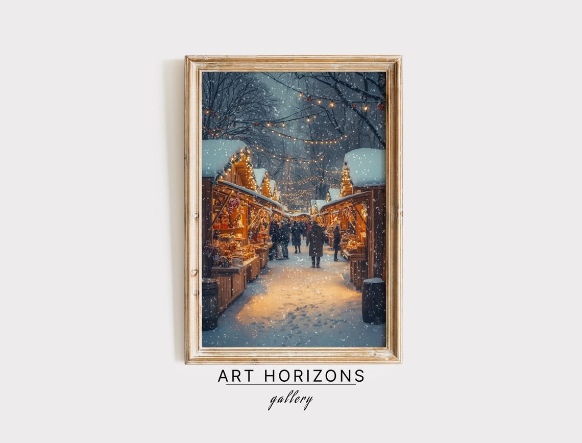 Snowy Christmas Market Night Glowing Stalls String Lights Art Print