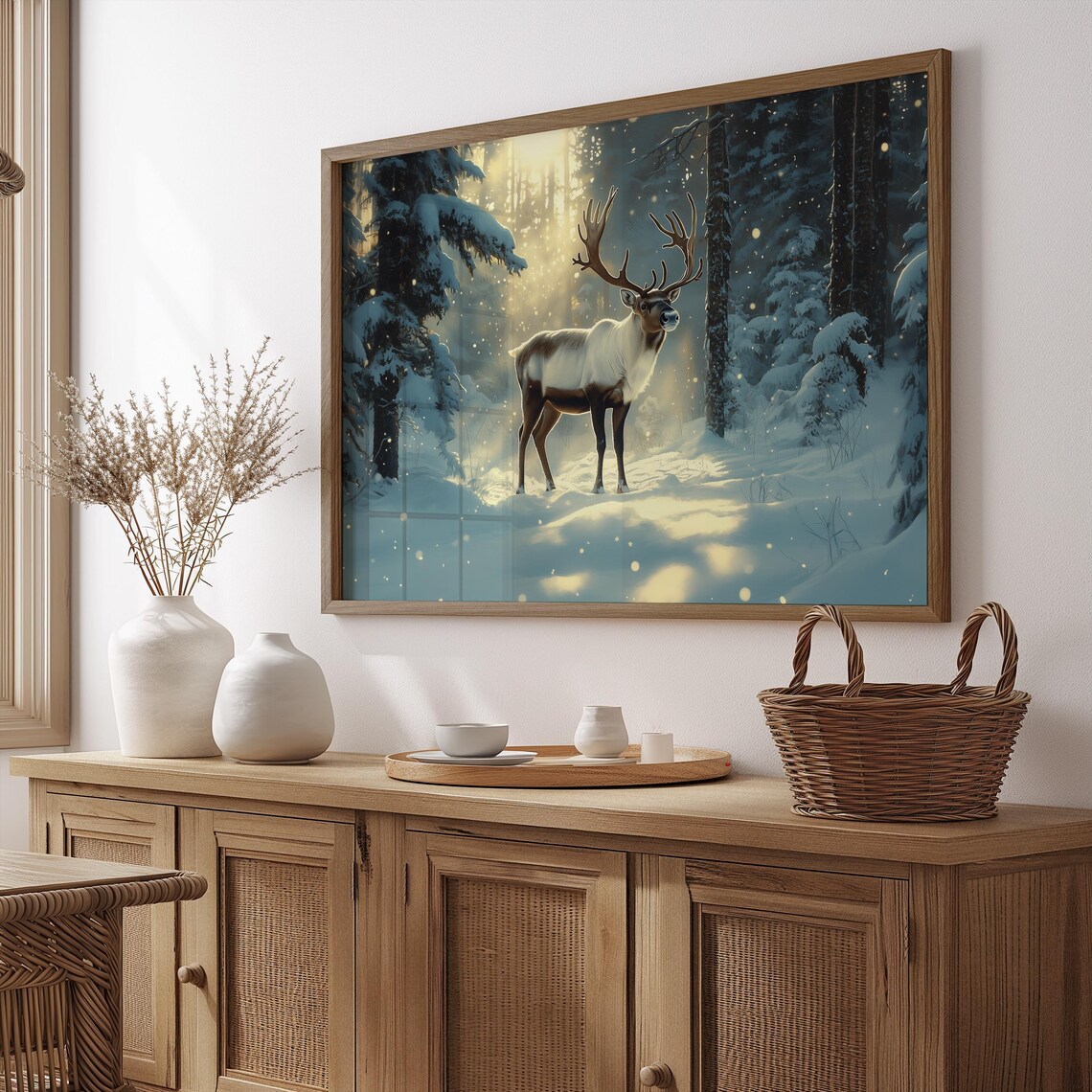 Reindeer Standing In Sunlit Snowy Forest With Light Rays Art Poster - Image 2