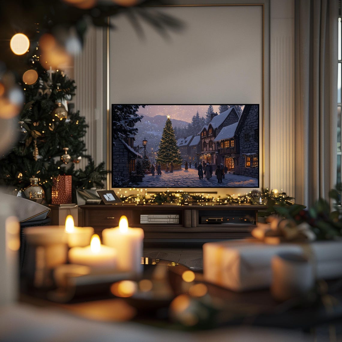 Christmas Village Tv Art Winter Tv Art Moody Winter Frame Tv Art Farmhouse Tv Art Vintage Town Painting Holiday Home Decor Tv9 - Image 2