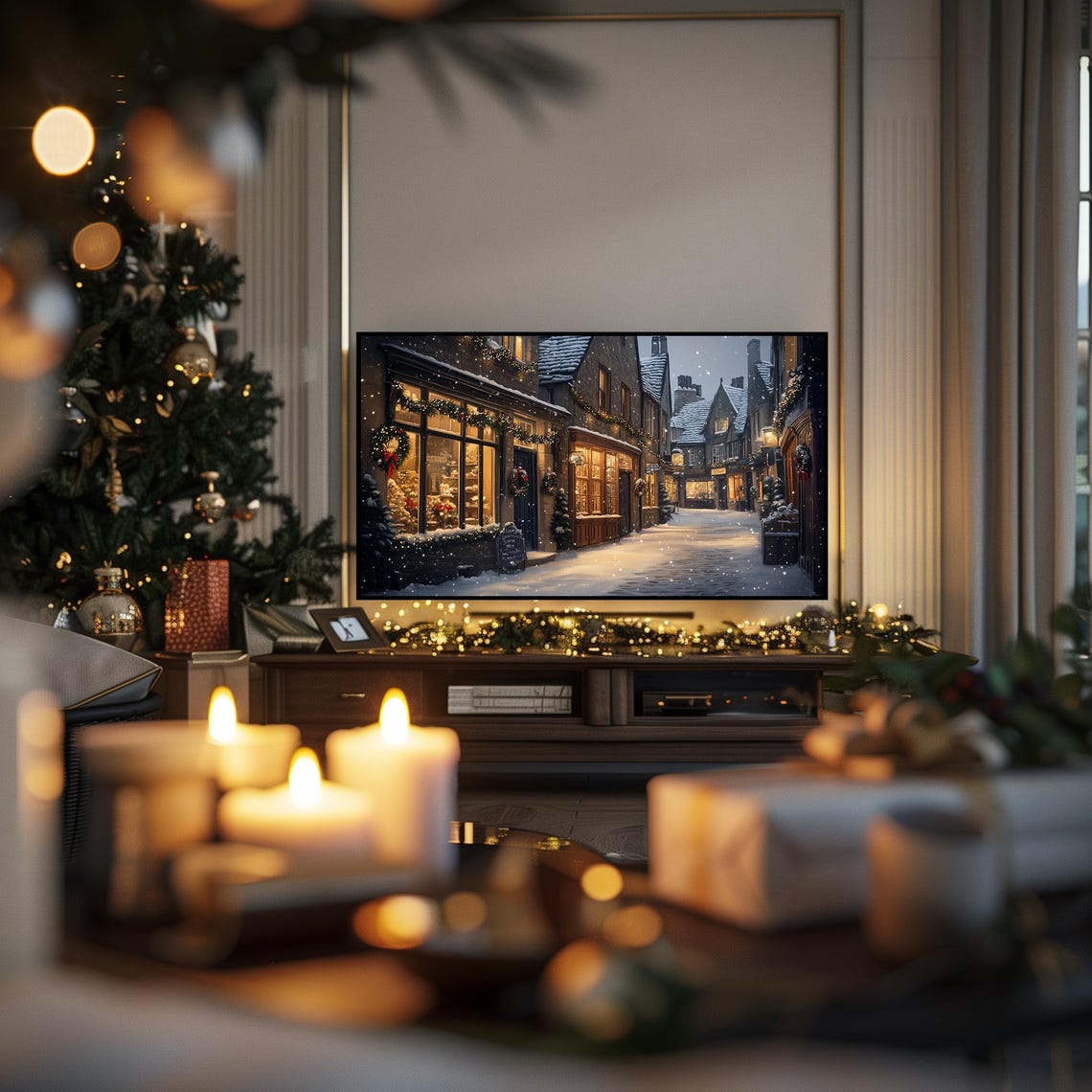 Cozy Snowy Village Street Lit Shops Garlands Winter Night Print - Image 4