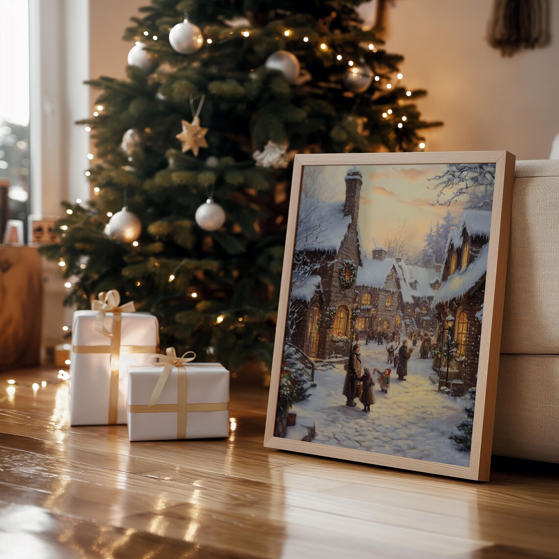 Snowy Village Street Cottages Dusk Warm Windows Christmas Poster - Image 4