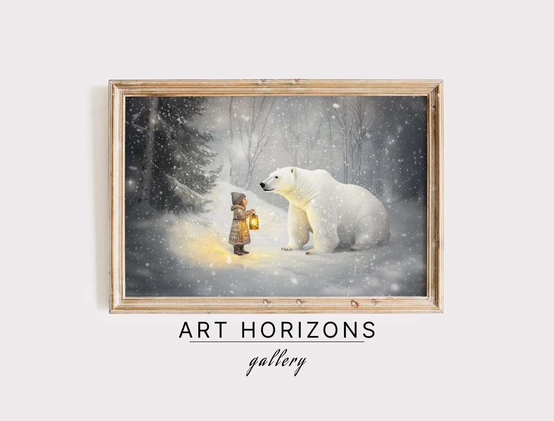 Little Girl With Lantern Meeting Polar Bear Snowy Forest Magic Print