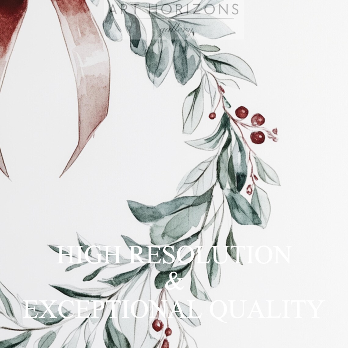 Watercolor Christmas Wreath Eucalyptus Berries Burgundy Ribbon Print - Image 3