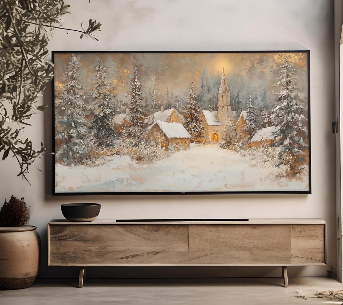 Christmas Winter Village Frame Tv Art Winter Landscape Oil Painting For Frame Tv Vintage Neutral Holiday Decor Art Tv67 - Image 2