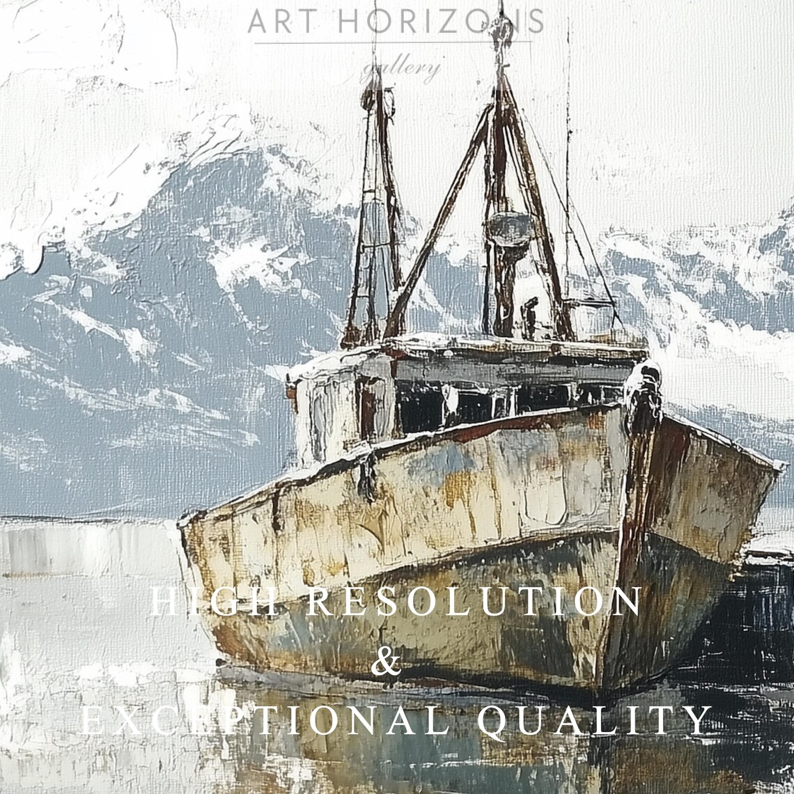 Weathered Fishing Boats At Harbor With Snowy Mountains Art Poster - Image 3