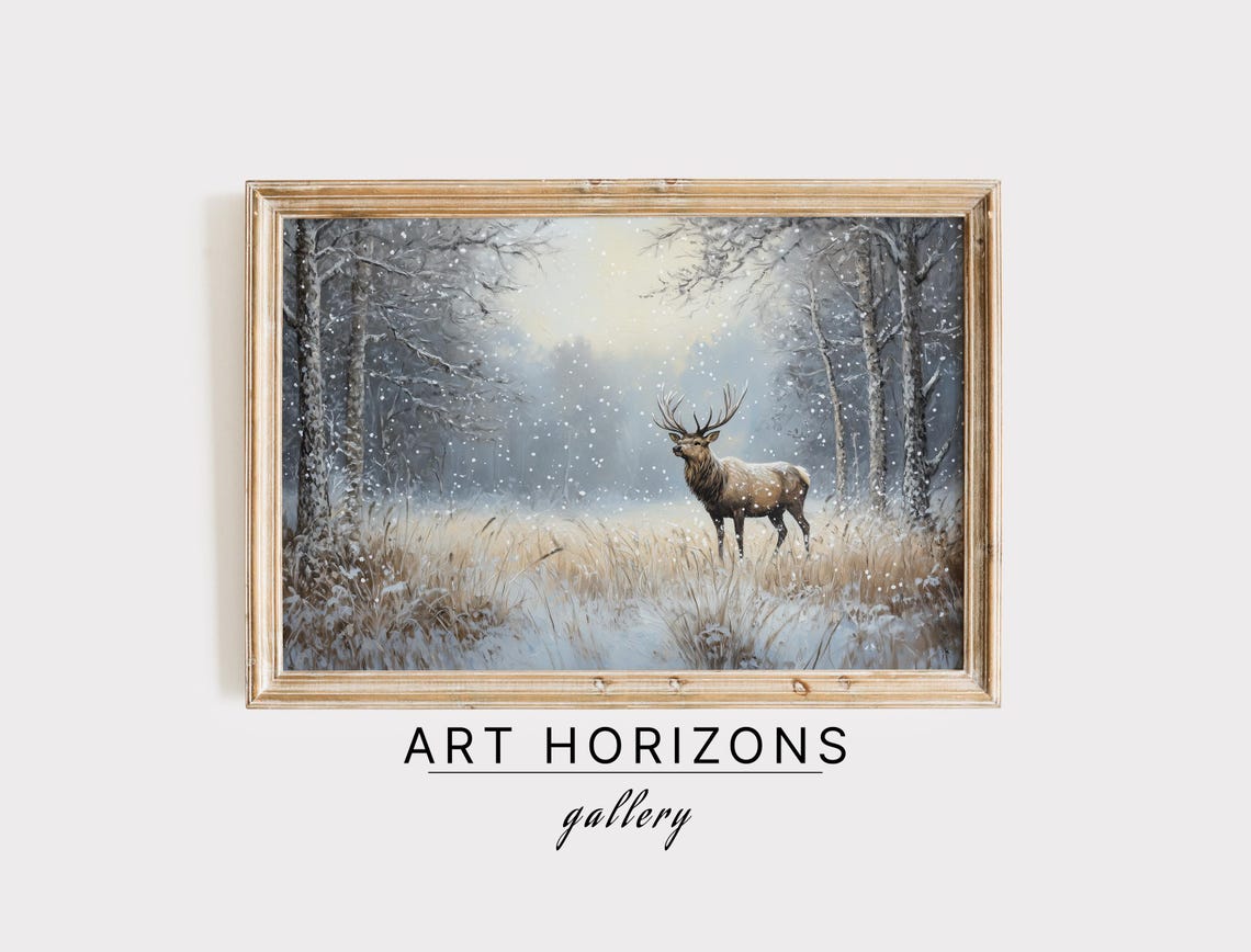 Elk Stag Snowy Winter Field Falling Snow Birch Trees Vintage Wall Art