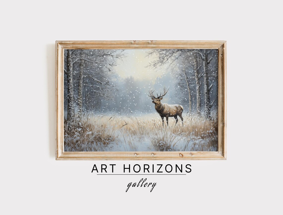 Vintage Deer In The Snowy Forest Print Winter Wall Art Deer Print Farmhouse Christmas Wall Art Country Painting Art A38