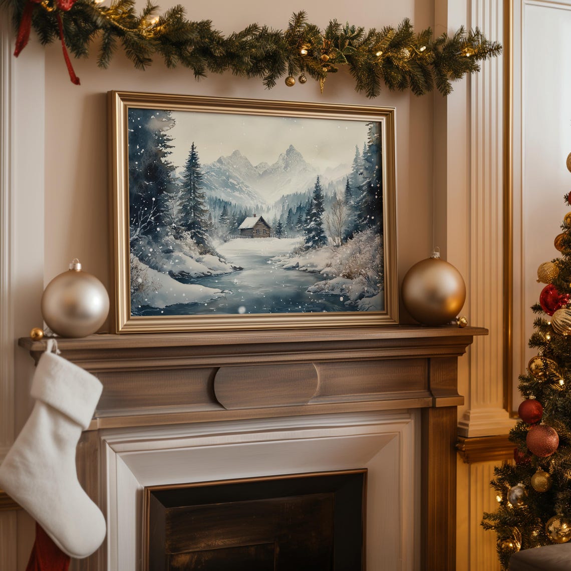 Mountain Cabin River Snowy Pines Watercolor Winter Landscape Poster - Image 3