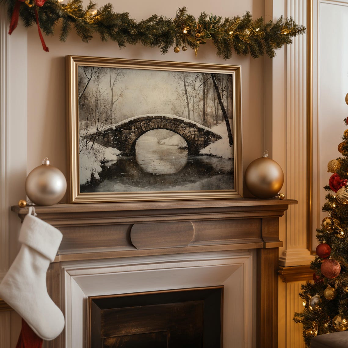 Snowy Bridge Winter Landscape Print Vintage Christmas Wall Art Cottagecore Oil Painting Art Holiday Seasonal Decor Print A106 - Image 3