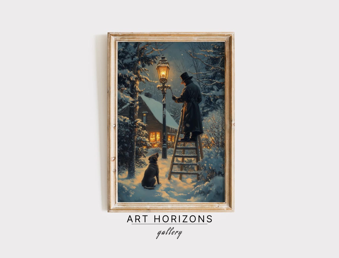 Victorian Lamplighter Lighting Lamp Dog Snowy Night Painting Print