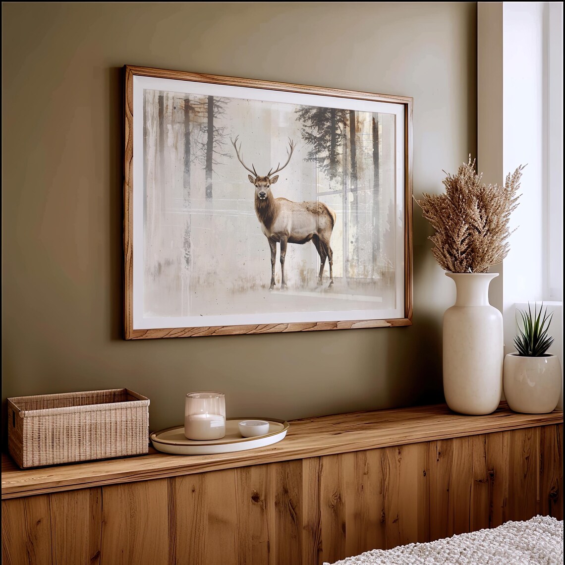 Majestic Stag In Misty Neutral Forest Vintage Wildlife Art Poster - Image 4