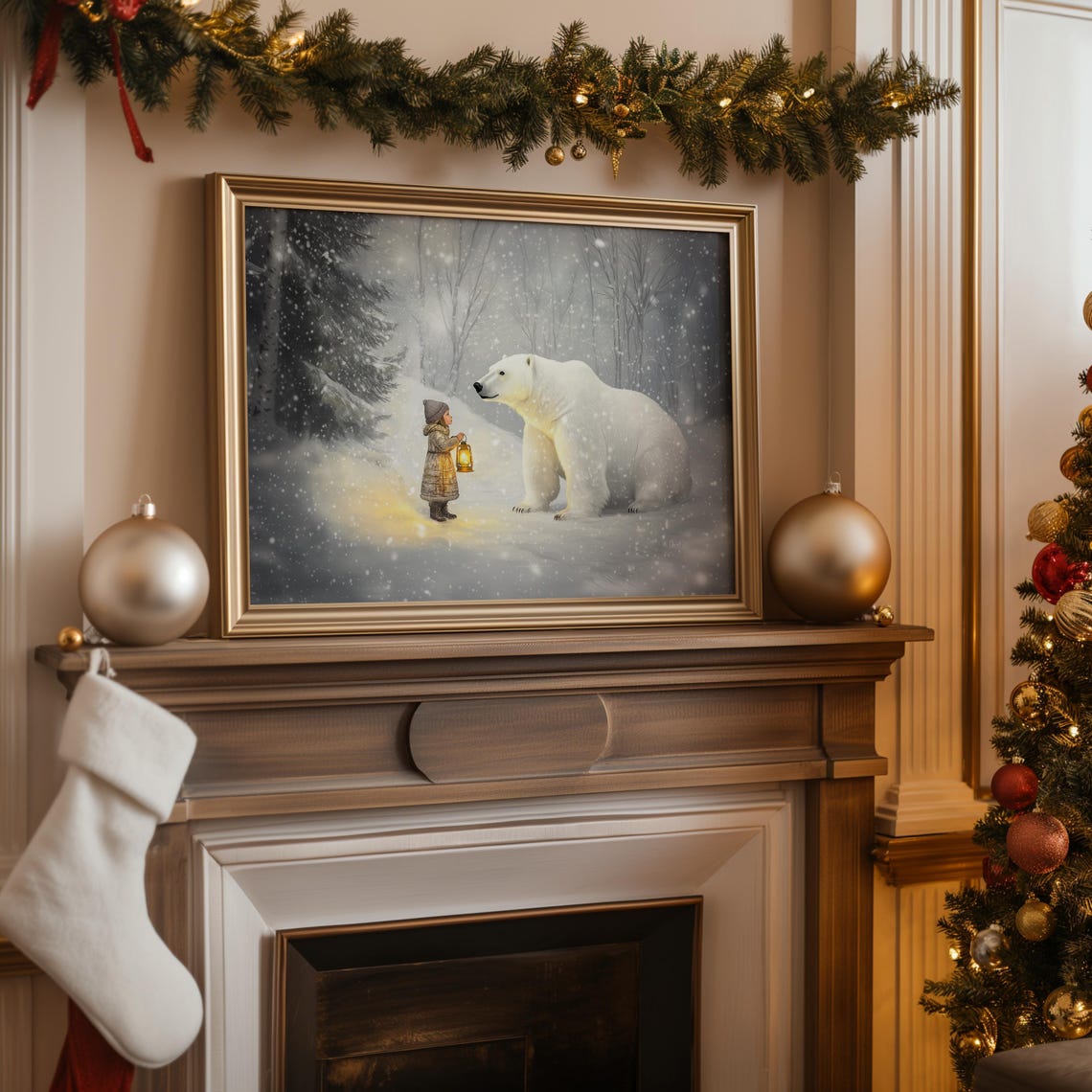 Little Girl With Lantern Meeting Polar Bear Snowy Forest Magic Print - Image 2