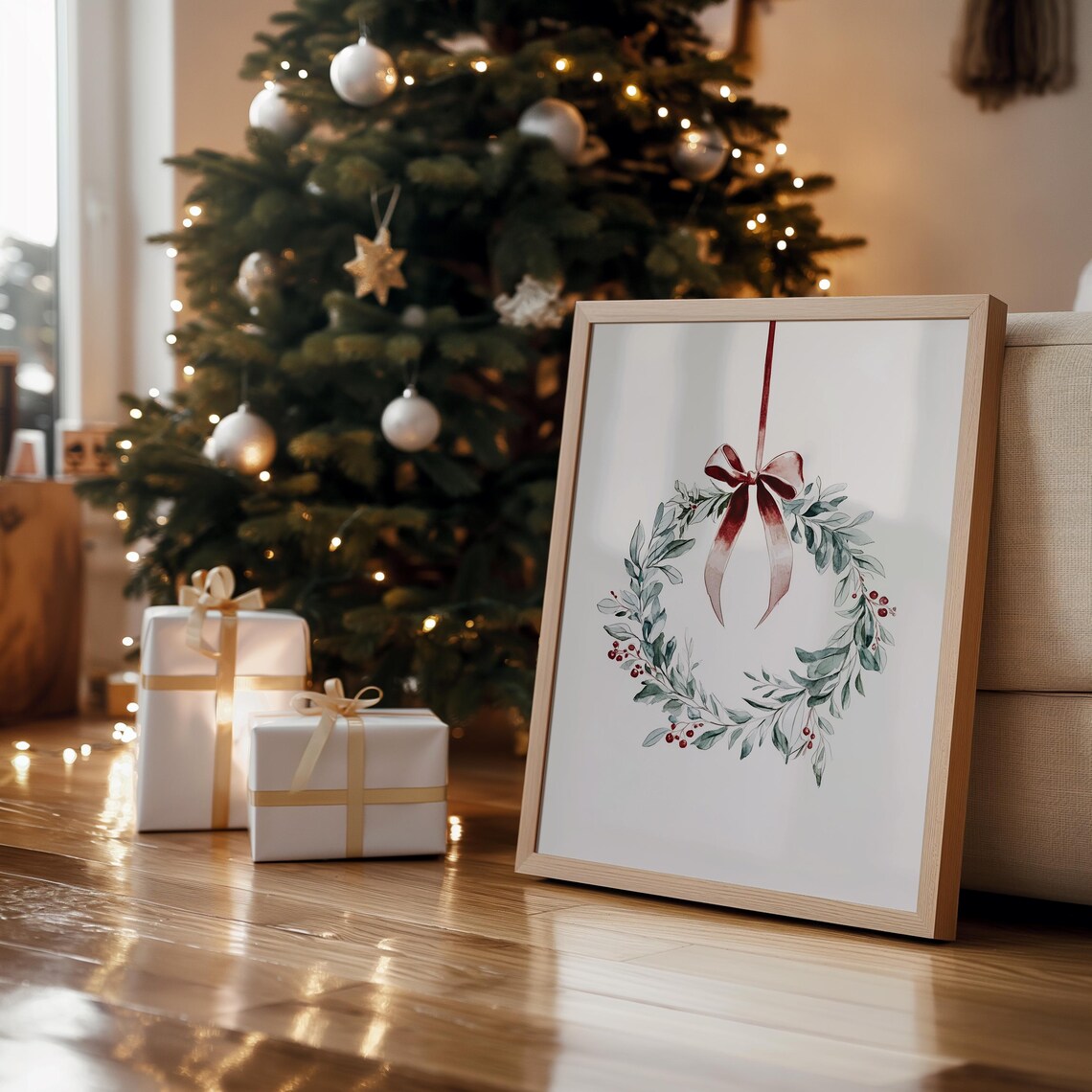 Watercolor Christmas Wreath Eucalyptus Berries Burgundy Ribbon Print - Image 2