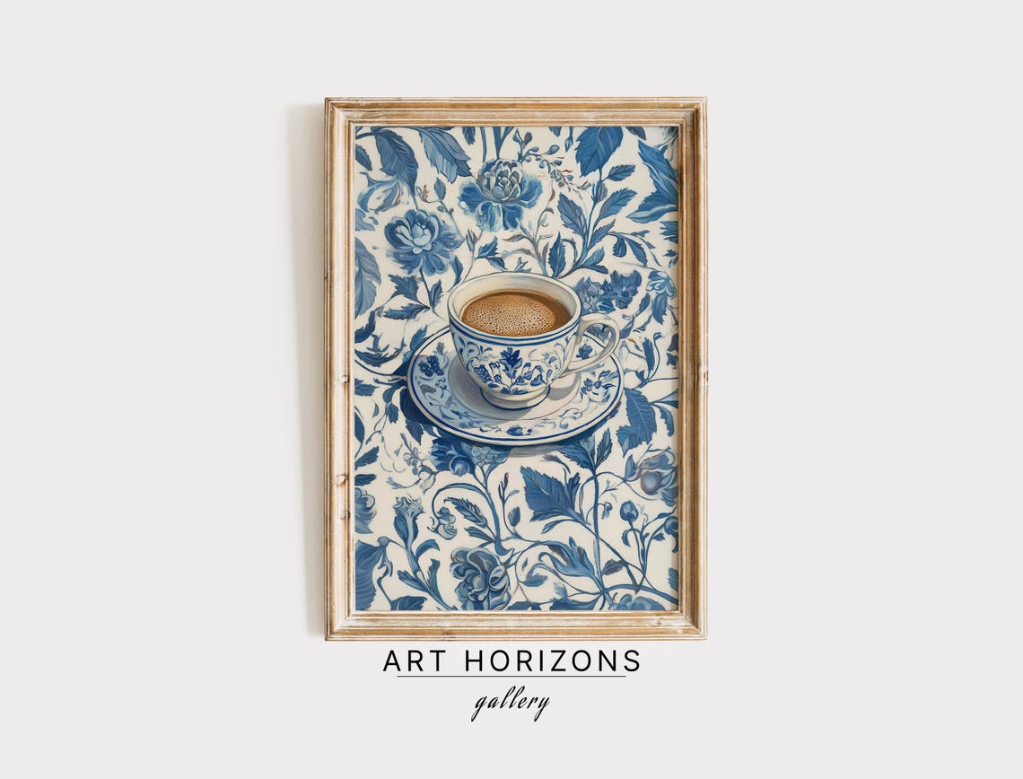 Blue And White Porcelain Coffee Cup On Floral China Pattern Art Poster