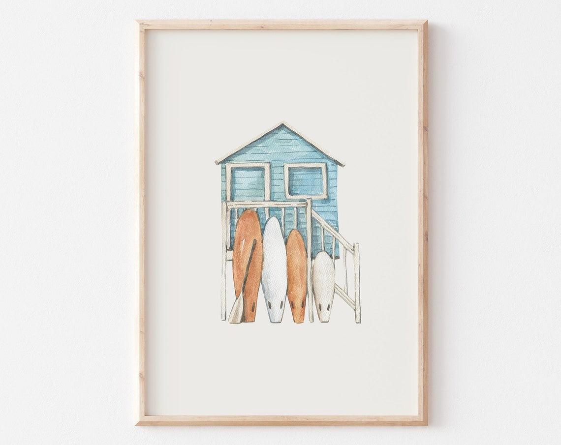 Blue Beach Hut With Surfboards Watercolor Coastal Surf Poster